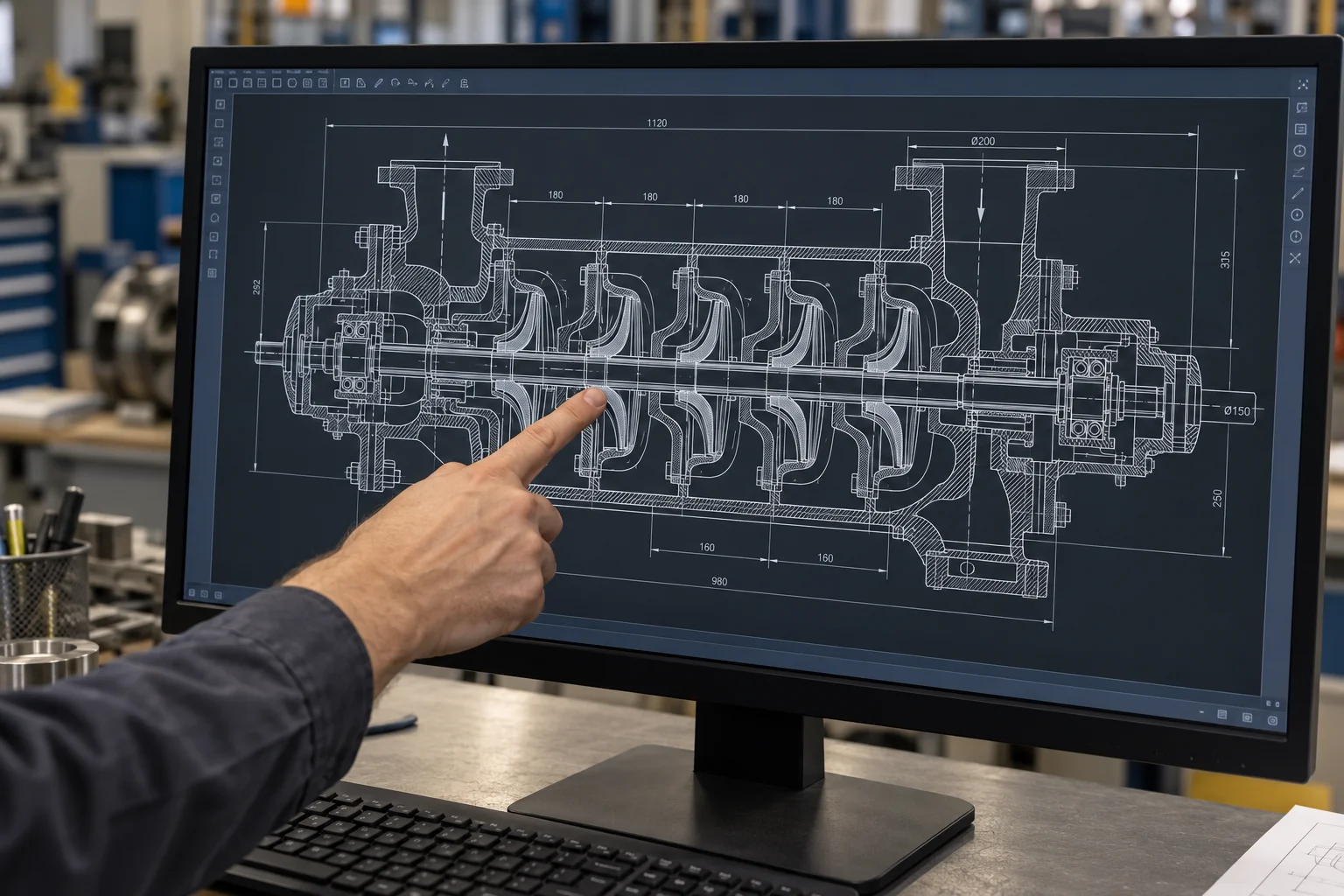 Hand pointing to a multi-stage pump cross-section drawing on a computer screen